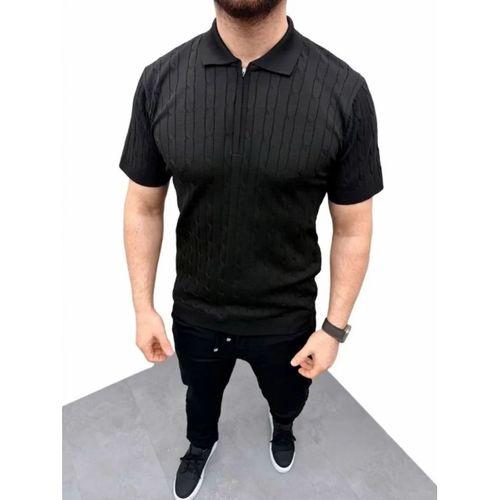 Erkek Yazlık Triko Saç Örgü Tişört Kısa Kol Polo Yaka Fermuarlı T-Shirt - Siyah