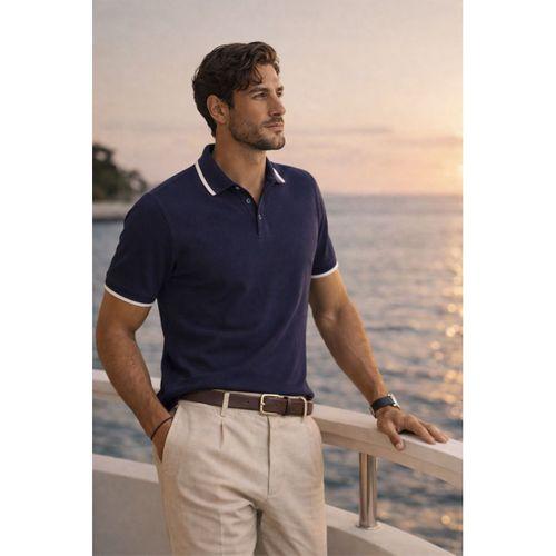 Balzac Yakası Şeritli Düğmeli Polo Yaka Basic Günlük Petek Örgü Triko Erkek T-Shirt - Lacivert