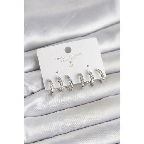 Gümüş Renk Pirinç Zirkon Taşlı Kadın Küpe - TJ-BKP11641