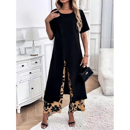 Kadın Kısa Kollu önden çapraz Detaylı Viskon Uzun Bluz Ve Desenli Iki Iplik Pantolon Ikili Takım