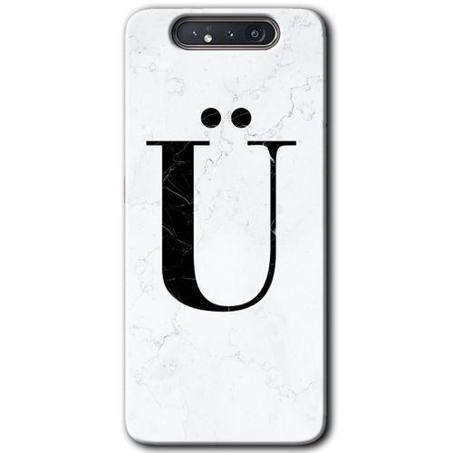Potkal Hediye Fabrikası Samsung Galaxy A80 HD Baskılı Kılıf + 9D Tam Ekran Koruyucu - Beyaz Mermer Desenli Ü Harfi