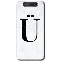 Potkal Hediye Fabrikası Samsung Galaxy A80 HD Baskılı Kılıf + 9D Tam Ekran Koruyucu - Beyaz Mermer Desenli Ü Harfi