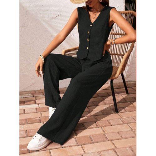 Kadın Sıfır Kollu Düğmeli Yelek Ve Pantolon Bürümcük Ikili Takım