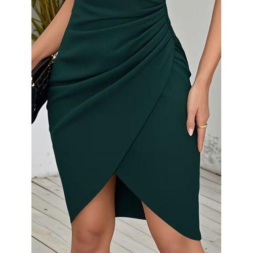 Kadın Kısa Kollu Kruvaze Yakalı Asımetrık Kesım Detaylı Kısa Ithal Krep Elbise