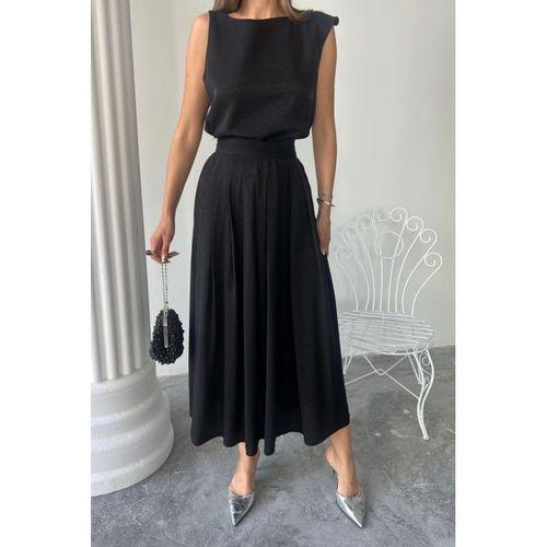 KETEN KOLSUZ BLUZ - MAXİ ETEK TAKIM - Siyah