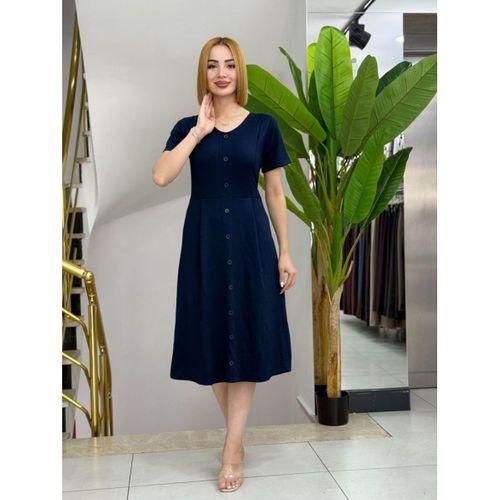 Kadın Kısa Kollu V Yakalı önden Düğmeli A Kesim Dokuma Elbise