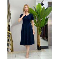 Kadın Kısa Kollu V Yakalı önden Düğmeli A Kesim Dokuma Elbise