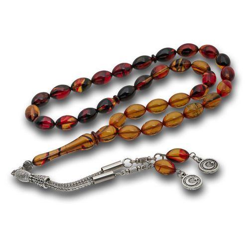 Metal Püsküllü Bordo Amber Sıkma Kehribar Tesbih