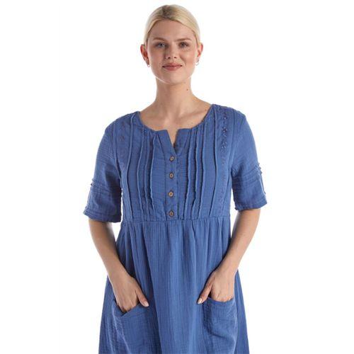 Kısa Kol İndigo Kare Yaka Cep Detaylı Midi Boy Müslin Yazlık Elbise