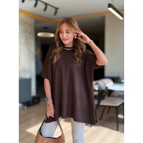 Kadın Bisiklet Yaka Kısa Yarasa Kollu Yanları Yırtmaçlı Oversize Dökümlü Merserize Bluz