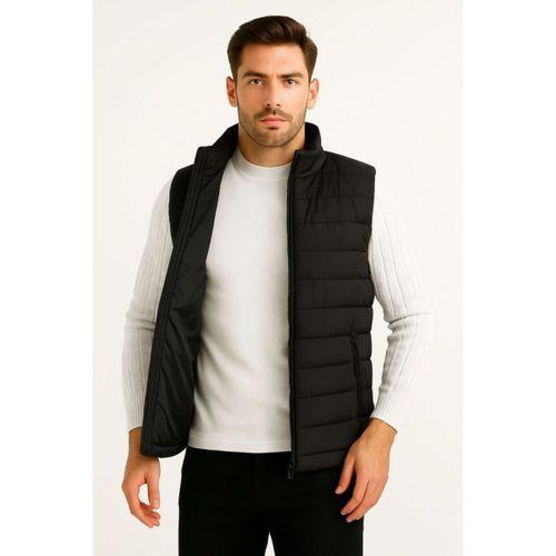 Erkek Şişme Fermuarlı Yelek Su Itici Kapitone Astarlı Kumaş Cepli Hafif Kışlık Spor Rahat Kalıp - Siyah