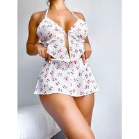 Beyaz Üstüne Kiraz Desenli Etekli Büstiyerli Şık Fantezi Takım