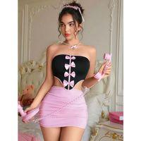 Kadın Pembe Etekli Fiyonk Detaylı Sexy Kostüm 8010