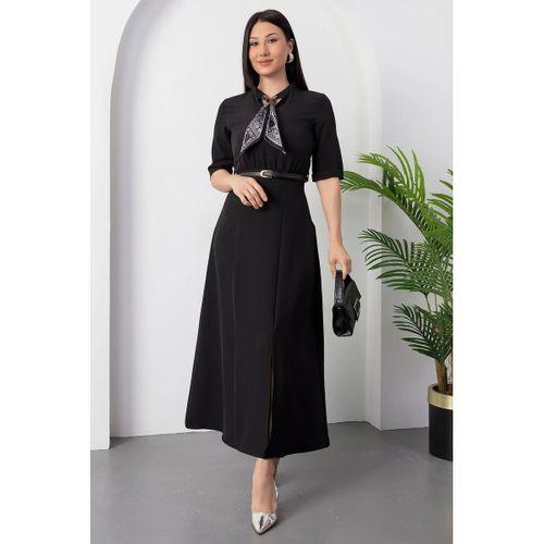 Kadın Kısa Kollu Fular Ve Kemer Detay önden Yırtmaçlı Maxi Boy Elbise