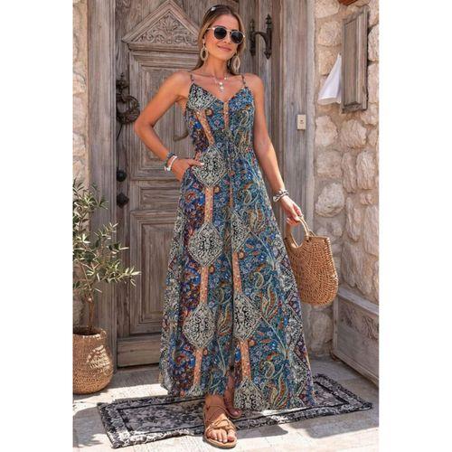 Kadın Ip Askılı V Yakalı Cep Detaylı Desenli Uzun Süprem Tulum