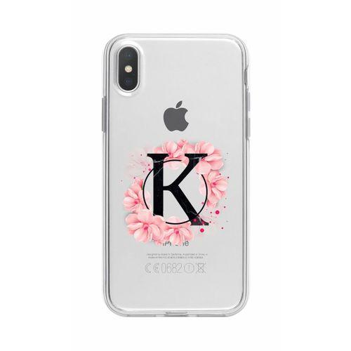 iPhone Xs Max Pembe Çiçek Desen K Harfli Şeffaf Kılıf