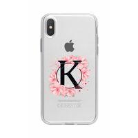 iPhone Xs Max Pembe Çiçek Desen K Harfli Şeffaf Kılıf