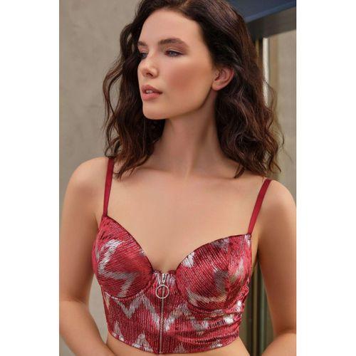 Kadife Balenli Destekli Dolgulu Parlak Baskılı Fermuar Detaylı Büstiyer Ve Pantolon Pijama Takım