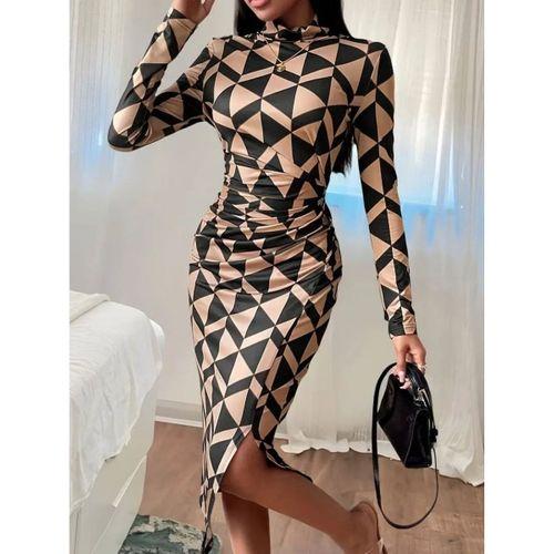 Kadın Uzun Kollu Balıkçı Yaka Yandan Büzgülü Yırtmaçlı Modal Midi Elbise