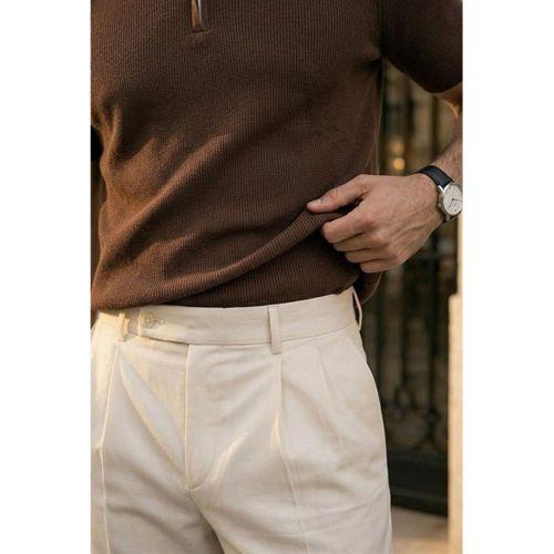 Jeff Selanik Örgü Polo Yaka Yarım Fermuarlı İnce Triko Erkek T-Shirt - Kahve