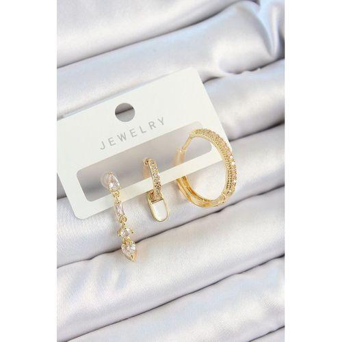 Pirinç Zirkon Taşlı Sallantılı Model Gold Renk 3'lü Çift Kadın Küpe Set
