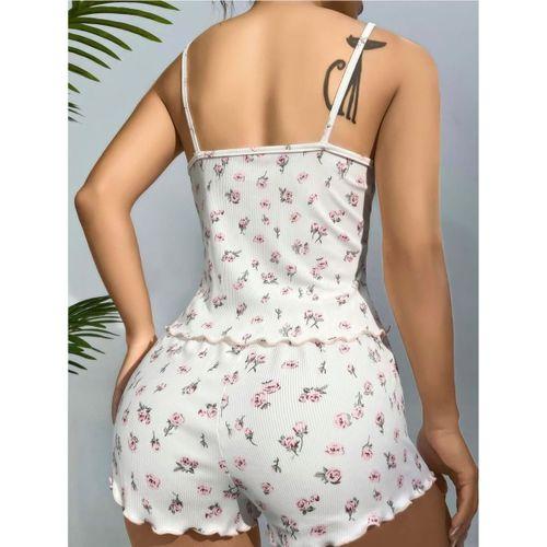 Pamuklu Beyaz Üstüne Çiçek Desen Fitilli Askılı Şortlu Pijama Takımı