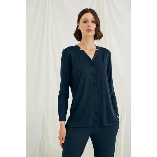 Uzun Kollu Boydan Düğmeli V Yaka Pijama Takımı