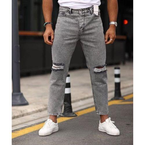 Erkek Gri Yıkama Yırtık Detaylı Boyfriend Jean