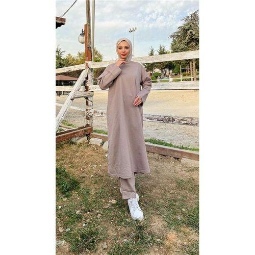 O Yaka Yırtmançlı Uzun Geniş Rahat Tunik Pantolon Sade Basic Spor Takımı - 03040.016 - Vizon