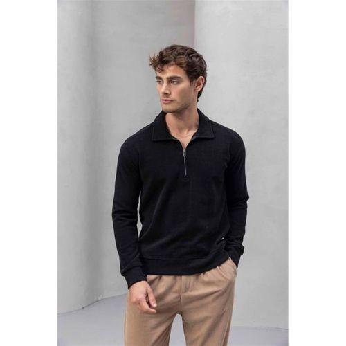 Eric Relax Fit Yarım Fermuar Polo Yaka Selanik Sweatshirt Siyah - Roy Kadife Beli Lastikli Jogger Pantolon Bej