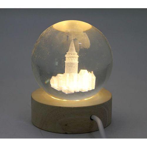 3d Kristal Cam Küre Ahşap Soketli İstanbul Temalı Led Lamba