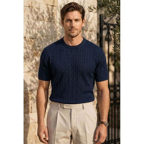 Walsh Saç Örgü Desenli Bisiklet Yaka İnce Triko Erkek T-Shirt - Lacivert