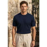 Walsh Saç Örgü Desenli Bisiklet Yaka İnce Triko Erkek T-Shirt - Lacivert