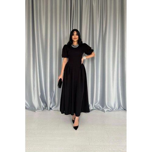 Siyah Etek Yanları Büzgülü Balon Kollu Elbise