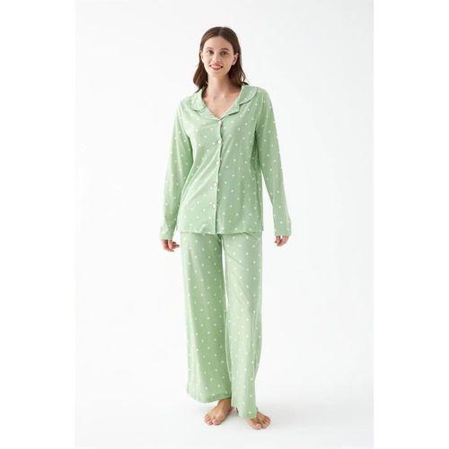 Kadın Yeşil Kalp Desenli Düğmeli Pamuklu Pijama Takımı