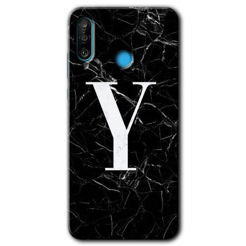 Huawei P30 Lite Kılıf HD Desen Baskılı Arka Kapak - Siyah Mermer Desenli Y Harfi + Kırılmaz Cam