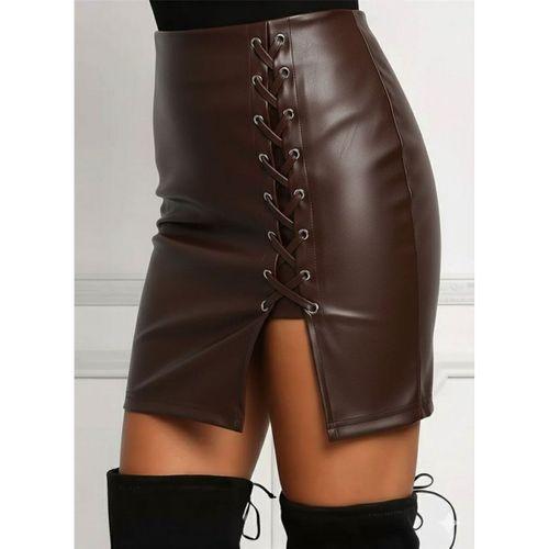 Kadın Yüksek Bel Yandan çapraz Bağcıklı Yırtmaçlı Mini Deri Etek