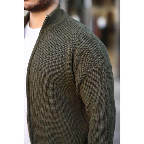 Oversize Selanik Örme Fermuarlı Erkek Hırka- Haki