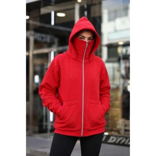 Maskeli Ninja Model Çift Kapüşonlu 3 İplik Şardonlu Fermuarlı Oversize Sweatshirt - Kırmızı