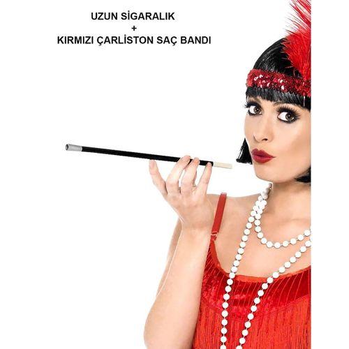 1920&amp;#39;ler 1990&amp;#39;lar Gatsby Kadın Aksesuar Seti – Kırmızı Charleston Saç Bandı ve Sigaralık