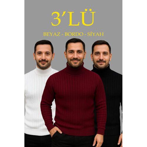 Erkek Fitilli Triko Kazak 3lÜ Set Beyaz Bordo Siyah Regular Balıkcı Yaka Tam Boğazlı Triko Seti Modeli Kazak