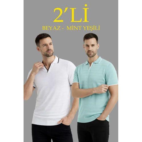 Erkek 2’li Paket Triko Yakalı Düğmesiz Açık Yaka Fitilli Kısa Kollu Regular Fit Tişört - Beyaz - Mint Yeşili