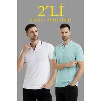 Erkek 2’li Paket Triko Yakalı Düğmesiz Açık Yaka Fitilli Kısa Kollu Regular Fit Tişört - Beyaz - Mint Yeşili
