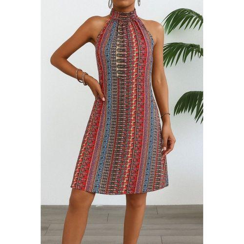 Kadın Kolsuz Boyundan Askılı Desenli Midi Süprem Elbise