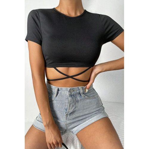 Kadın Siyah Modern Fit Yarım Kol Çapraz Bağlamalı Crop Top Bluz