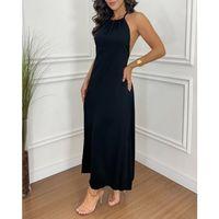 Kadın Boyundan Askılı Halter Kollu Viskon Elbise