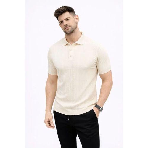 Erkek Yazlık Triko Tişört Kısa Kol Polo Yaka Düğmeli T-Shirt - Krem