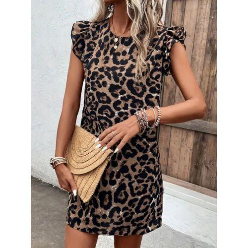 Kadın Kısa Kollu Kolları Fırfır Detay Arkası Bağlamalı Leopar Desen Kolsuz Mini Mikro Elbise