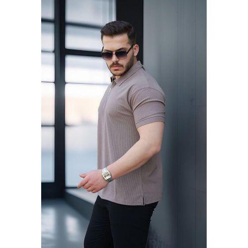 Likralı Örme Yarım Fermuar Polo Yaka Erkek Tişört - Kahve