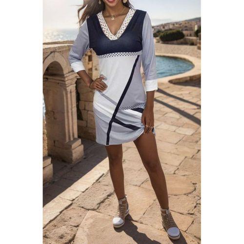 Kadın Fakir Kollu V Dantel Yaka Geometrik Desenli Dalgıç Elbise